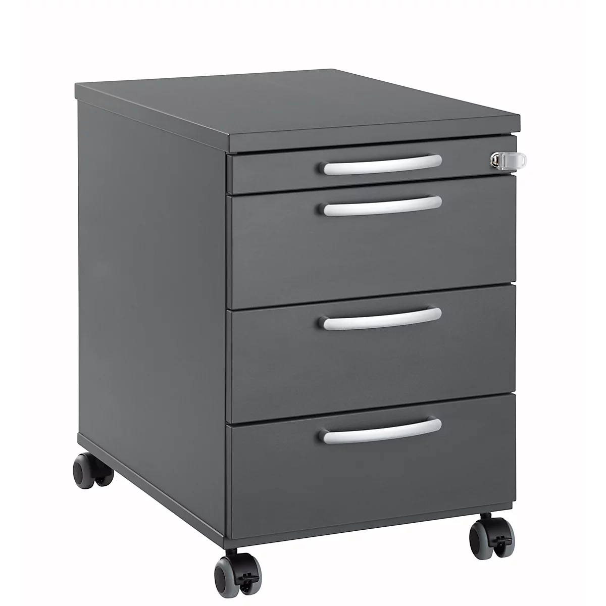 Rollcontainer 1333, 3 Schübe & 1 Utensilienauszug, abschließbar, runde Griffe, Holz/Stahl/Kunststoff, B 434 x T 600 x H 613 mm, graphit