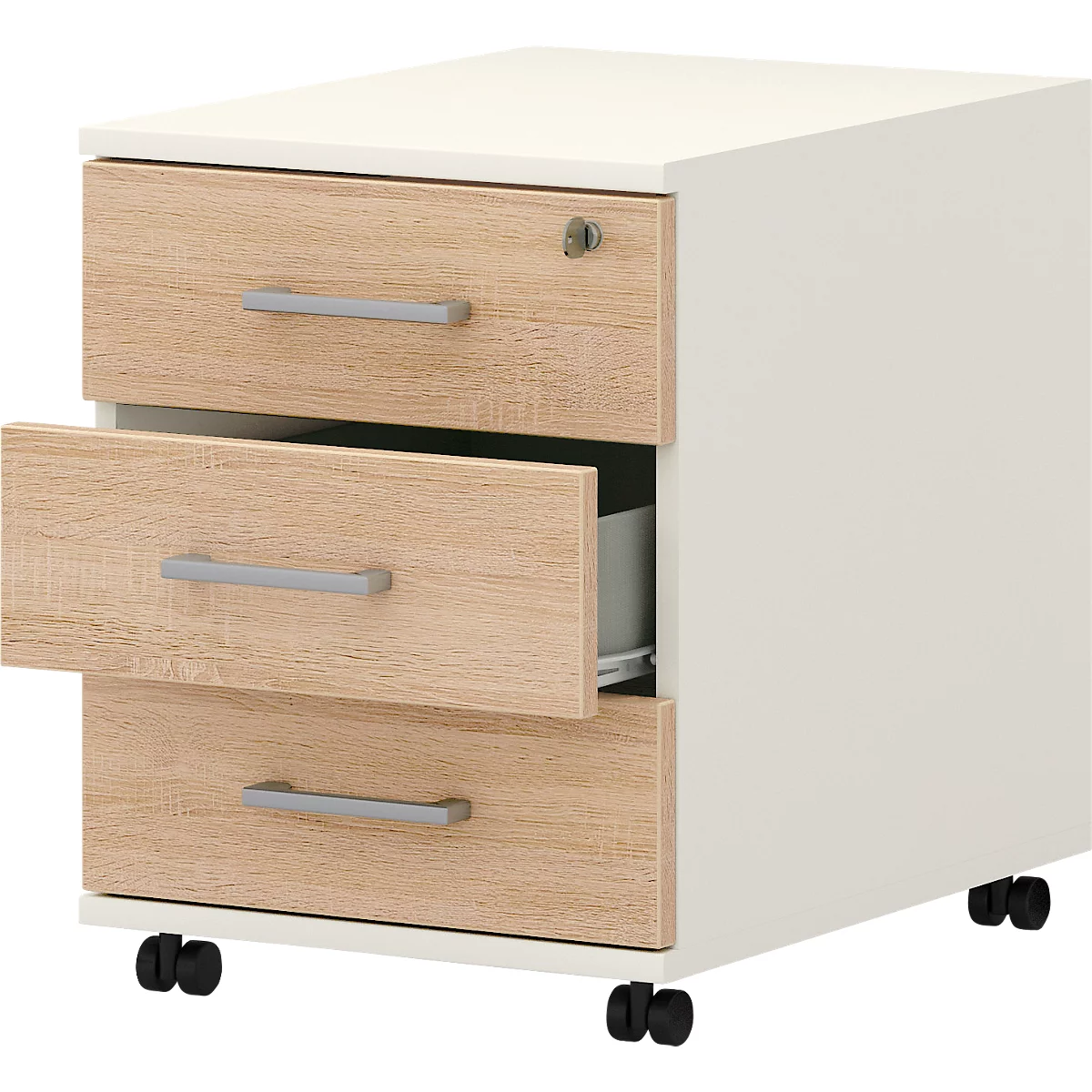 Rollcontainer 333 TEMPIO, aus Holz, 3 Schubkästen (1 mit Schloss), B 430 x T 500 x H 550 mm, weiß/Sonoma Eiche