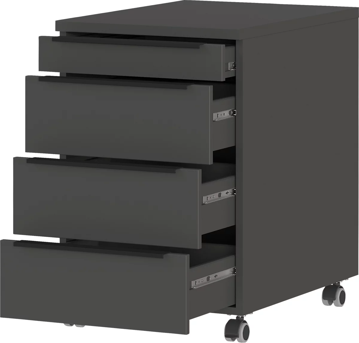 Rollcontainer, 4 Schubladen inkl. Utensilienfach, B 420 x T 600 x H 630 mm, graphit