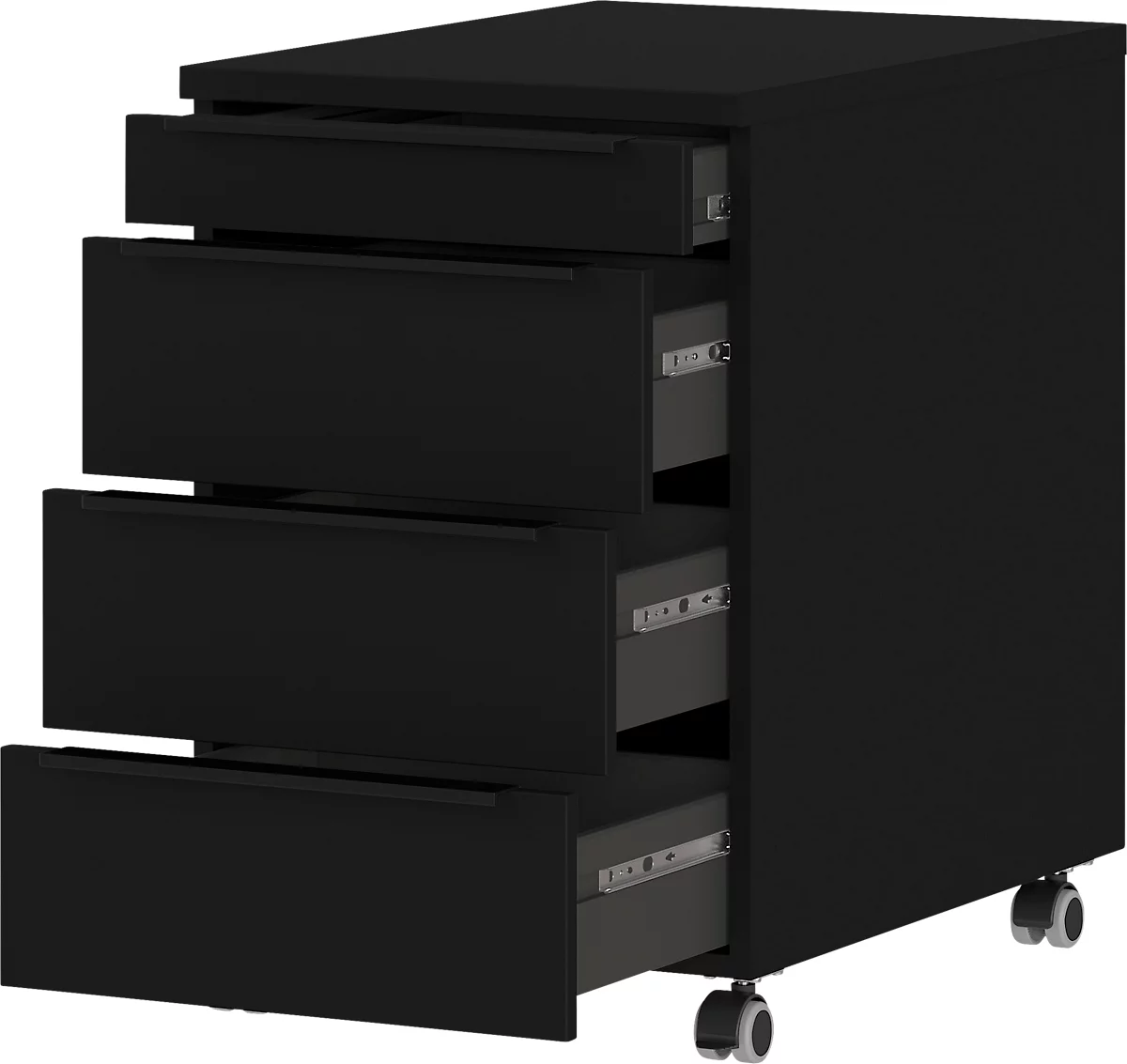 Rollcontainer, 4 Schubladen inkl. Utensilienfach, B 420 x T 600 x H 630 mm, schwarz