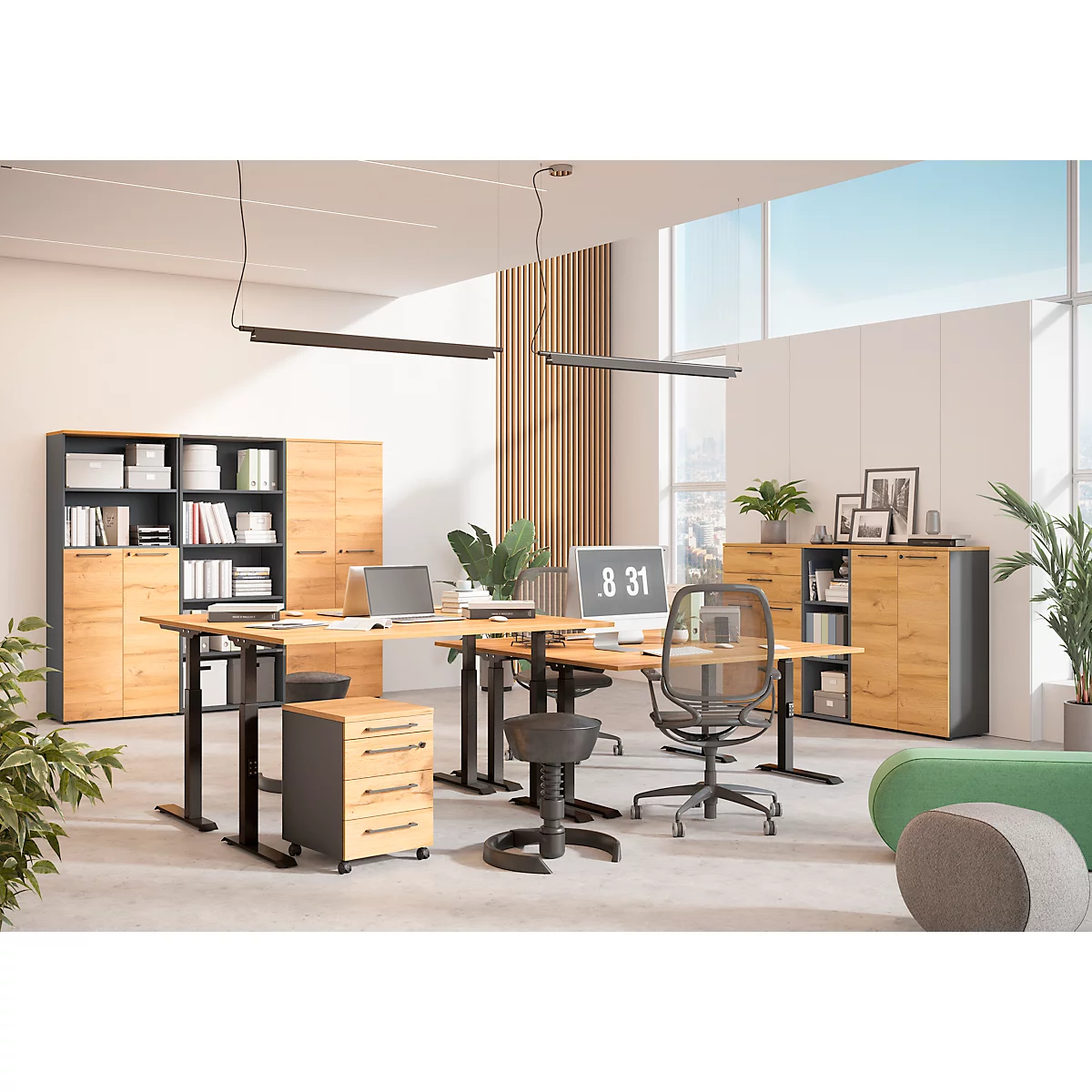 Rollcontainer Agenda Home, 3 Schubladen, Utensilienauszug, B 420 x T 490 x H 610 mm, Graphit/Eiche