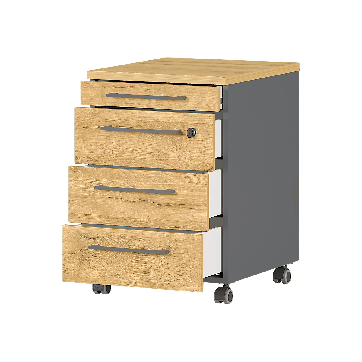 Rollcontainer Agenda Home, 4 Schubladen, B 420 x T 490 x H 610 mm, Graphit/Eiche