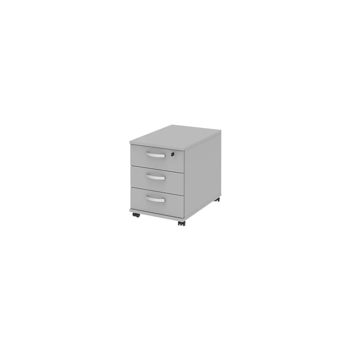 Rollcontainer BARI, Materialschale, 3 Schubkästen, abschließbar, B 427 x T 600 x H 544 mm, hellgrau/hellgrau/Alu