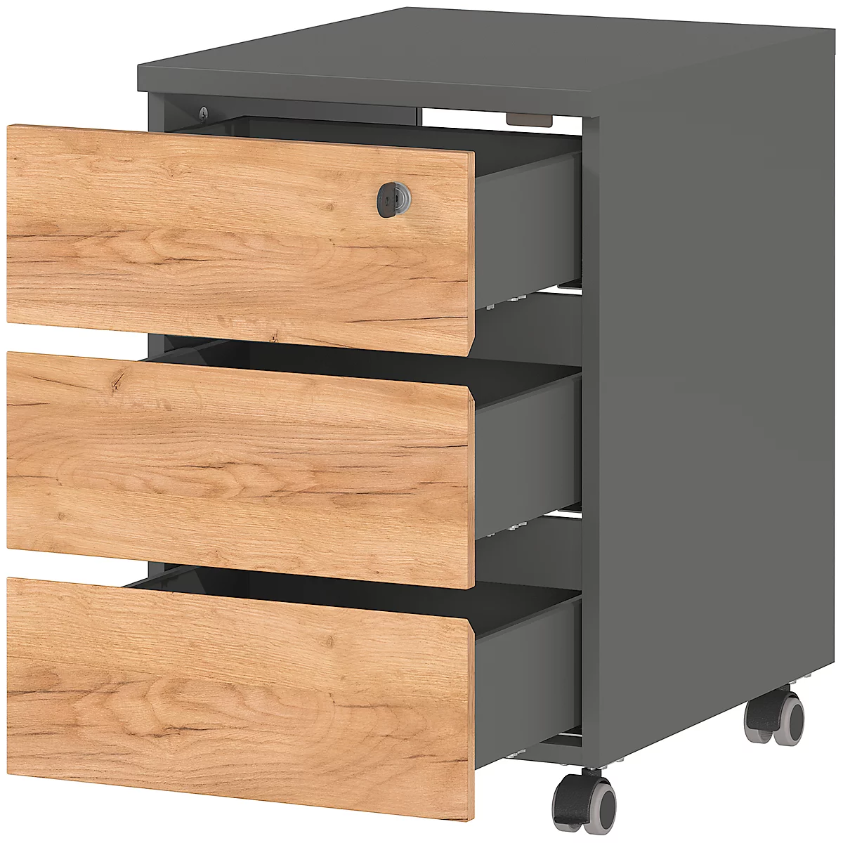 Grauer Rollcontainer mit drei Schubladen mit Holzfront, eine davon geöffnet. Schwarze Rollen.