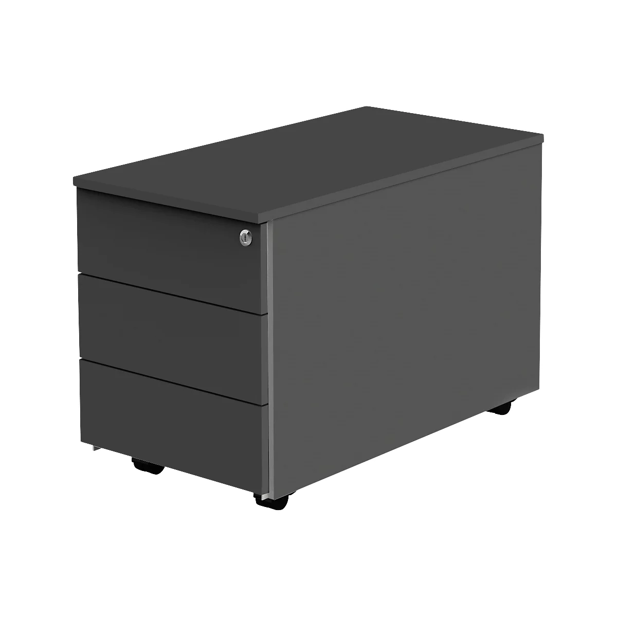 Dunkelgrauer Rollcontainer mit drei Schubladen und Rollen.