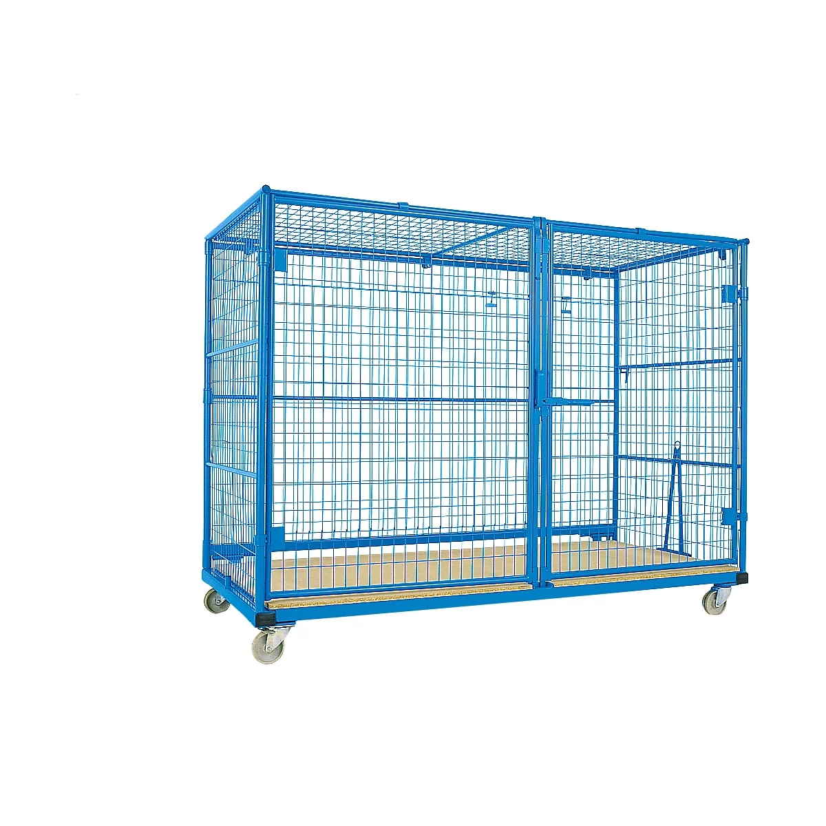 Blue rolling cage with mesh walls and wheels, empty transport box.