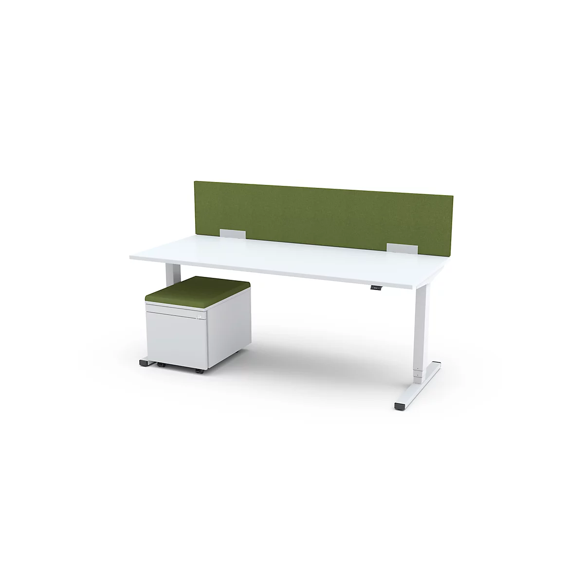 Weißer Schreibtisch mit grüner Schallschutzwand und Rollcontainer.