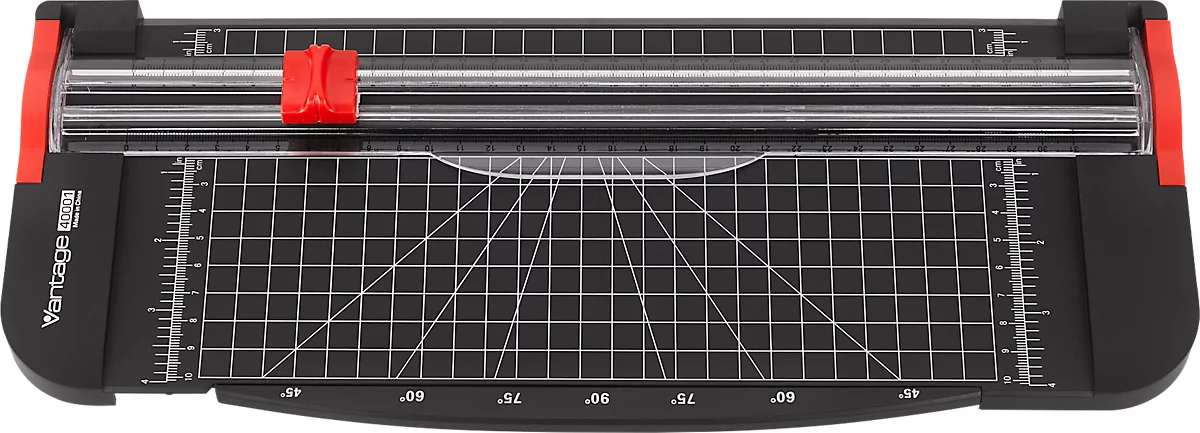 Rollenschneider Vantage 40001, bis A4, bis 8 Blatt, Schnittmaße L 300 x H 0,8 mm, Anlegelineal, Winkel- & Gitterlinien, schwarz-rot