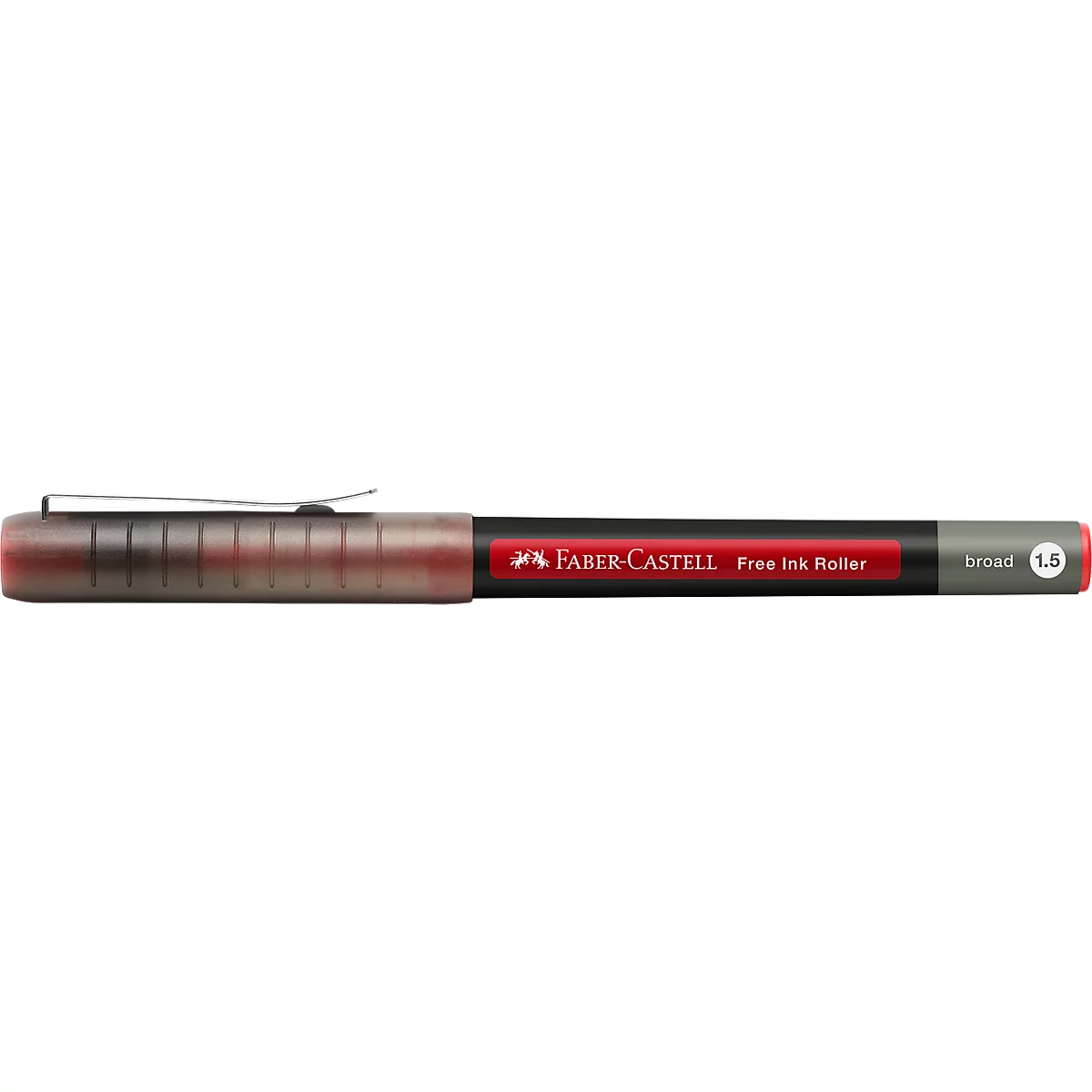 Un stylo feutre Faber-Castell Free Ink Roller marron-rouge avec un clip argenté. Inscription : Faber-Castell Free Ink Roller, broad 1.5.