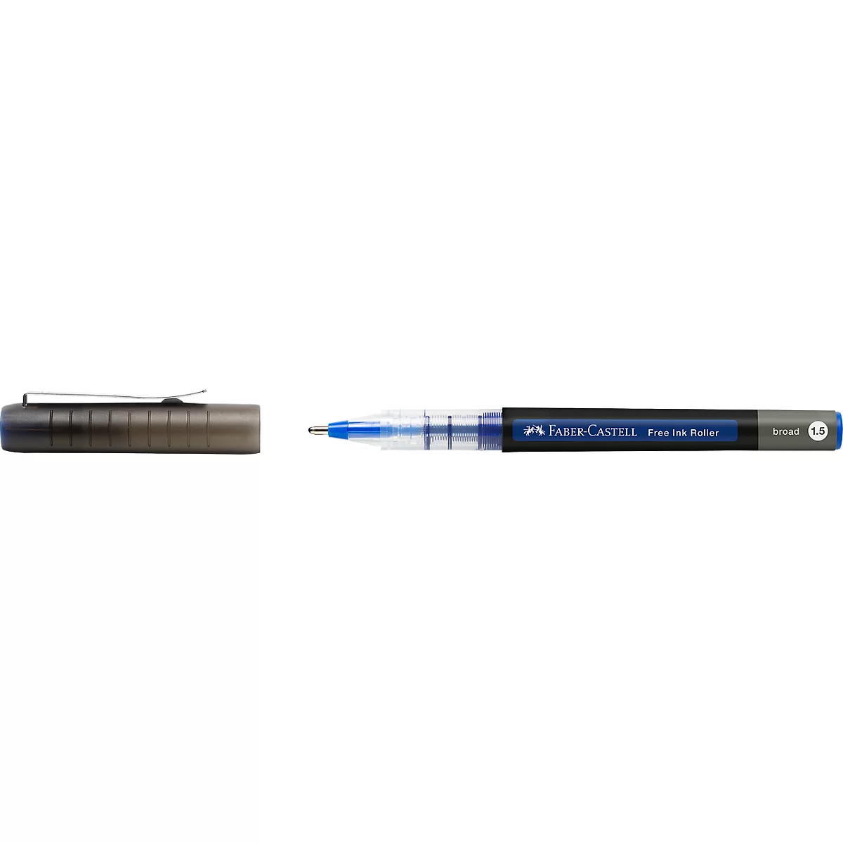 Un stylo à bille noir, partiellement dévissé, est posé devant un fond clair. Le stylo a un clip et le logo Faber-Castell.