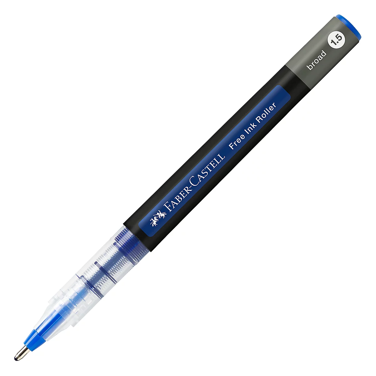 Rouleau encreur bleu Faber-Castell Free Ink, vue diagonale, avec texte : broad 1.5.