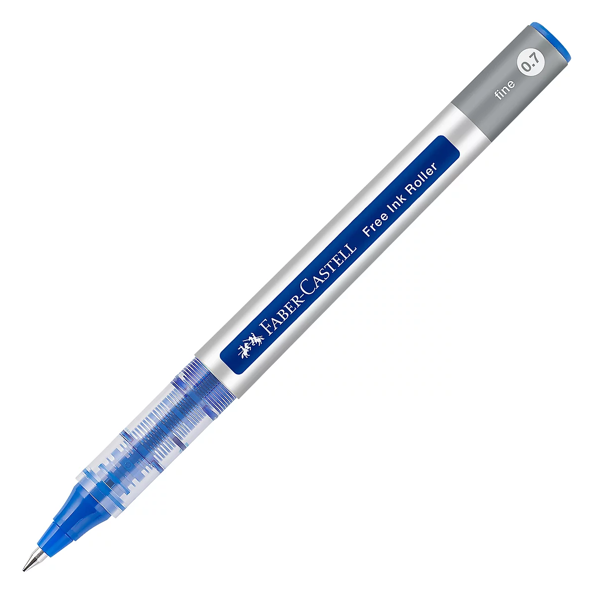 Stylo bleu avec impression "FABER-CASTELL", partie centrale argentée et marquage "0.7 fine".