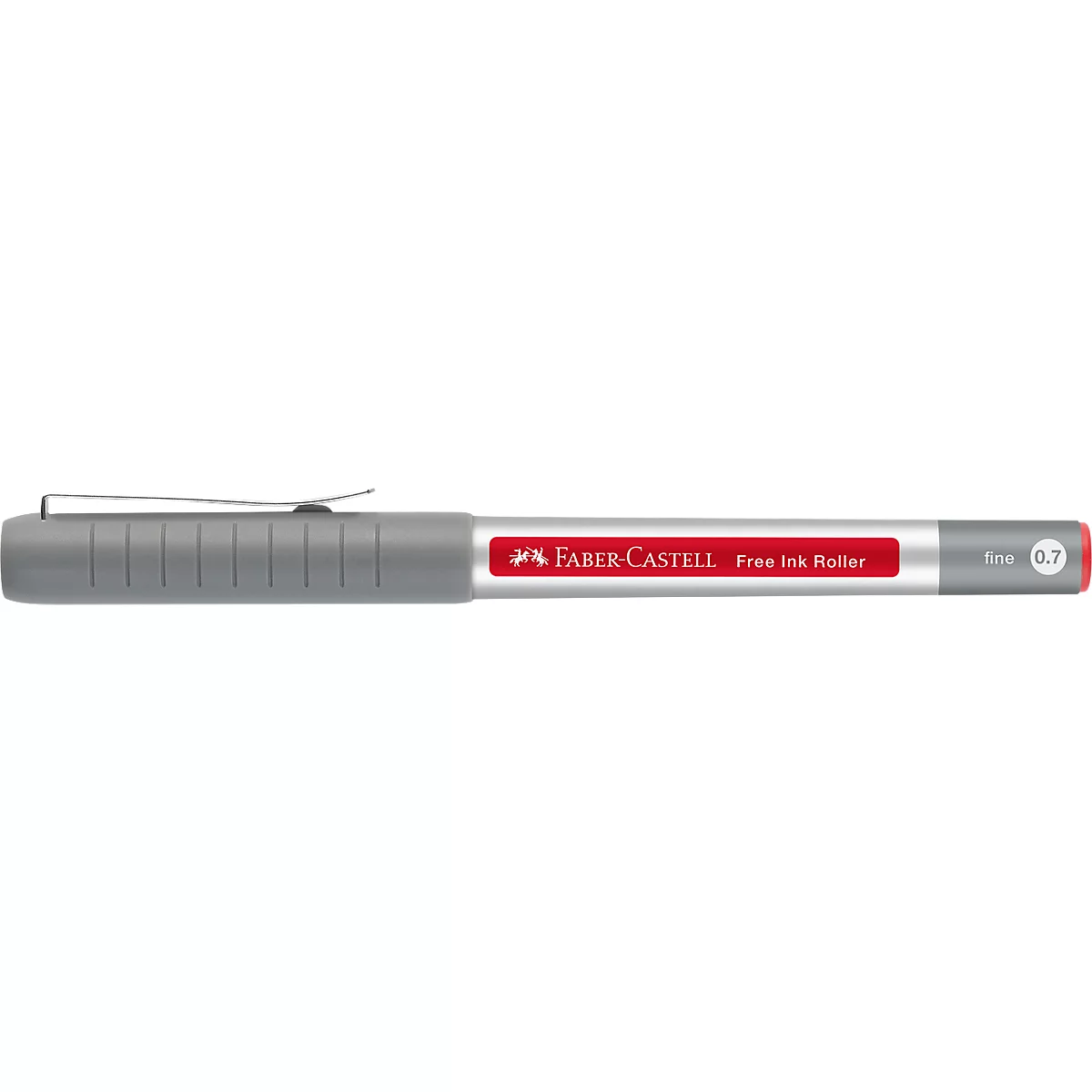 Feutre Faber-Castell gris avec clip. Le stylo a une bande rouge avec les mots 'FABER-CASTELL Free Ink Roller'.