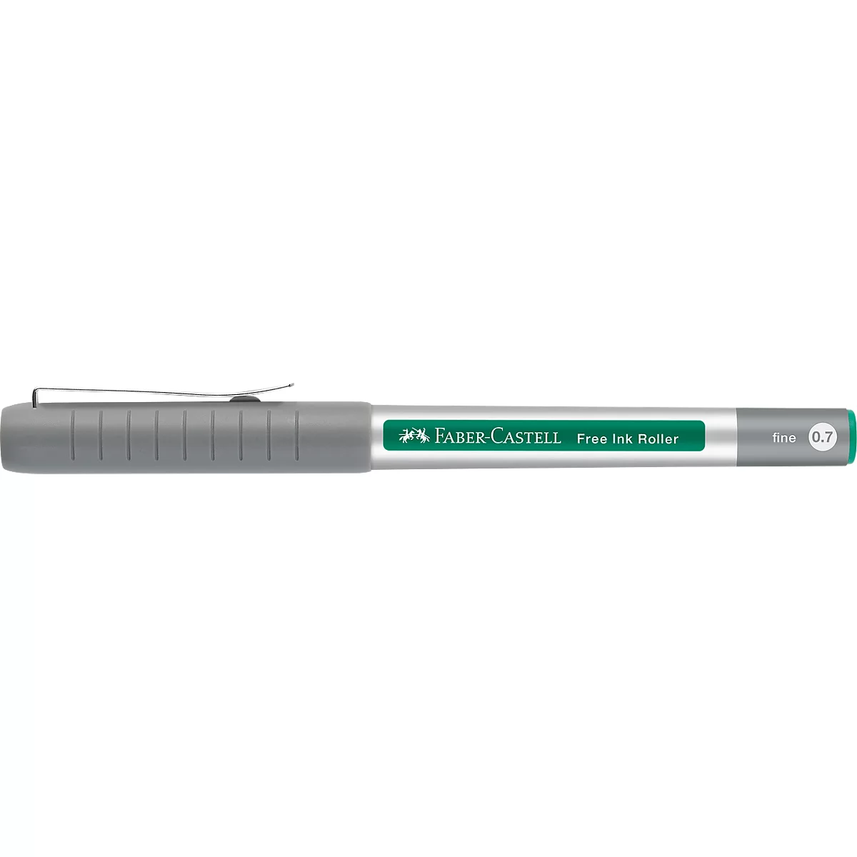 Un Faber-Castell Free Ink Roller gris, avec lettrage vert et l'inscription 0.7.