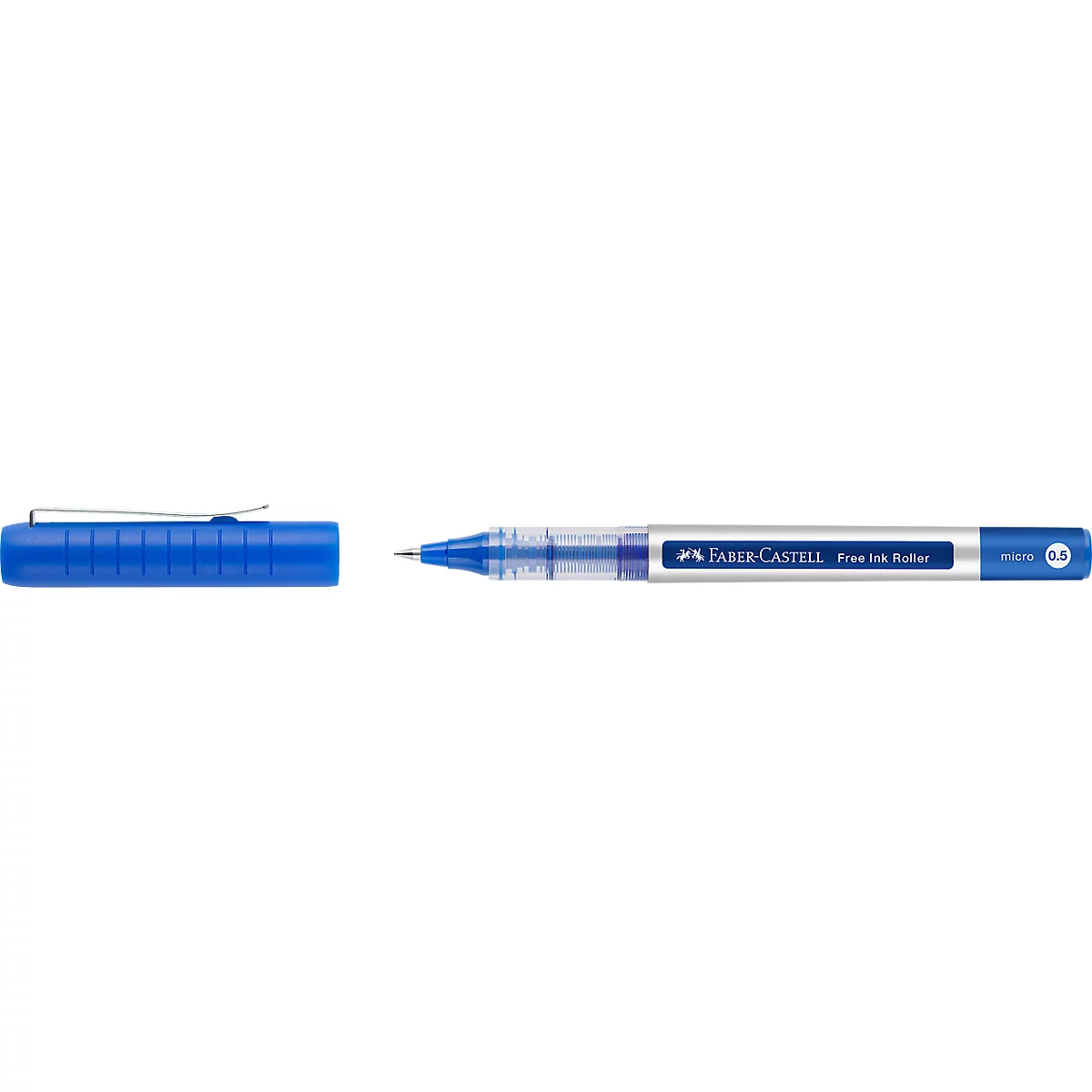 Stylo à bille bleu, le capuchon est ouvert à côté. Le stylo indique "Faber-Castell Free ink roller".