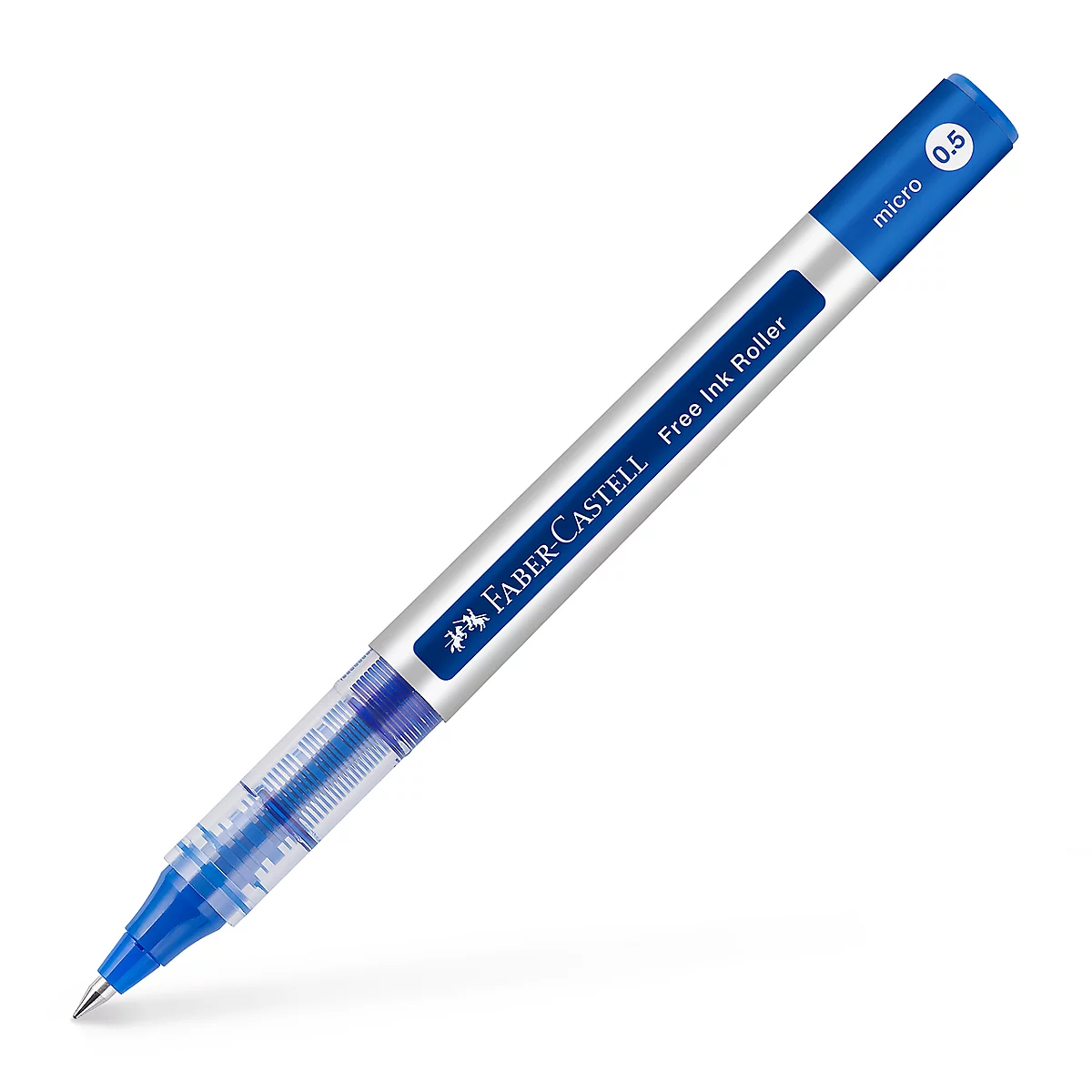Stylo bleu de Faber-Castell. Le stylo est présenté incliné, avec l'inscription "Free Ink Roller".