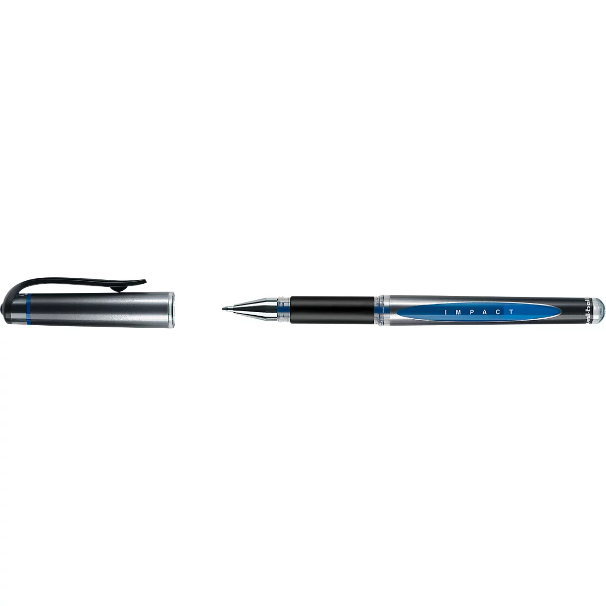 Stylo gel noir avec capuchon retiré et inscription bleue "IMPACT" sur le corps.