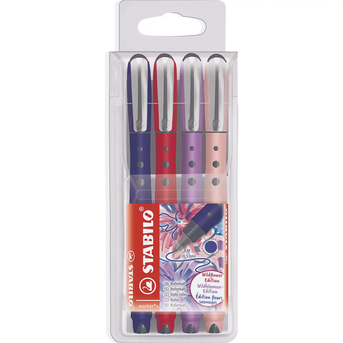 Quatre stylos dans un emballage plastique. Couleurs : violet, rouge, lilas et rose. Le nom du produit est Wildflower Edition.