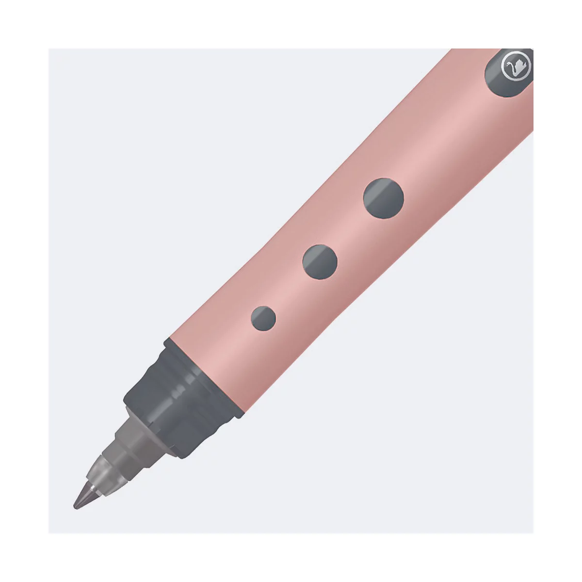 Gros plan sur un stylo rose. Points gris sur le stylo, pointe en plastique gris.