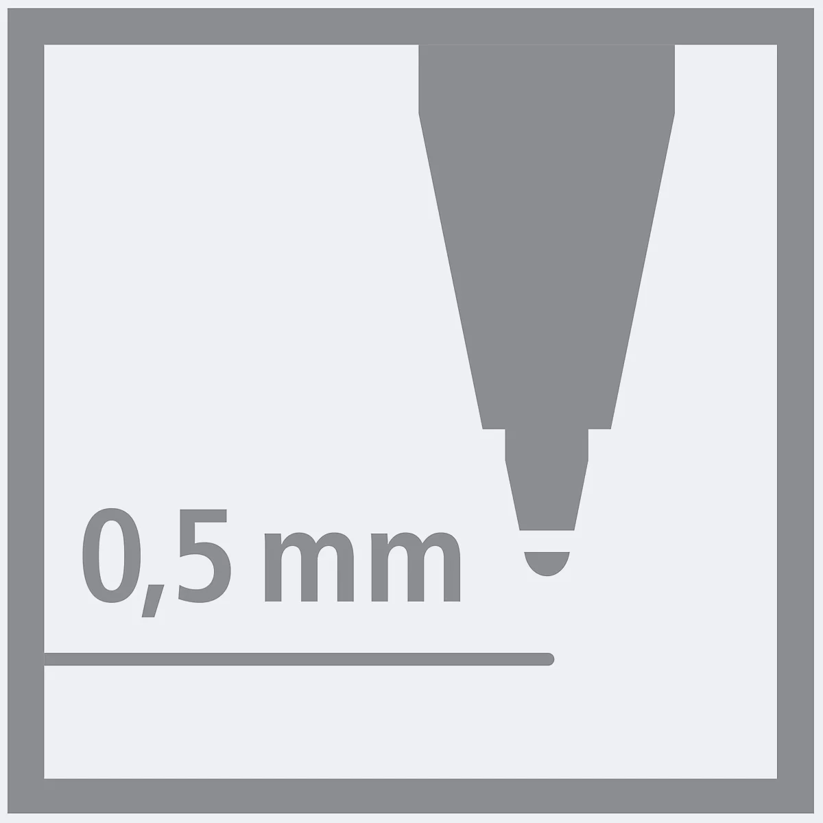 Illustration grise d'un stylo à pointe de 0,5 mm, dans un cadre gris.