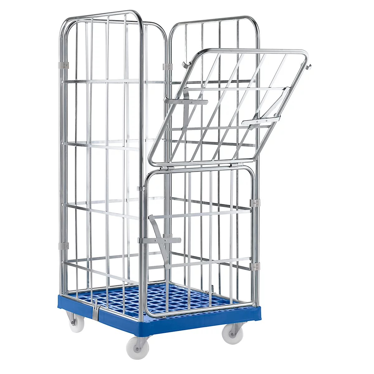 Metal transport cart with grid structure and blue base. One door is open.