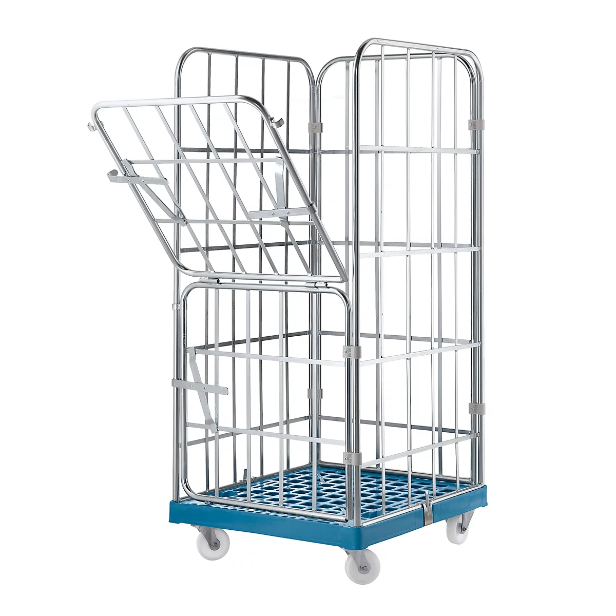 Metal transport trolley with open door, on a blue base with wheels.