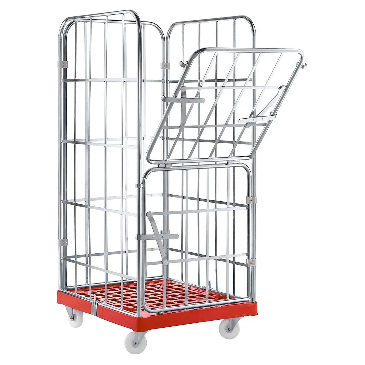Metal cage trolley, partially open, with red base plate on wheels.