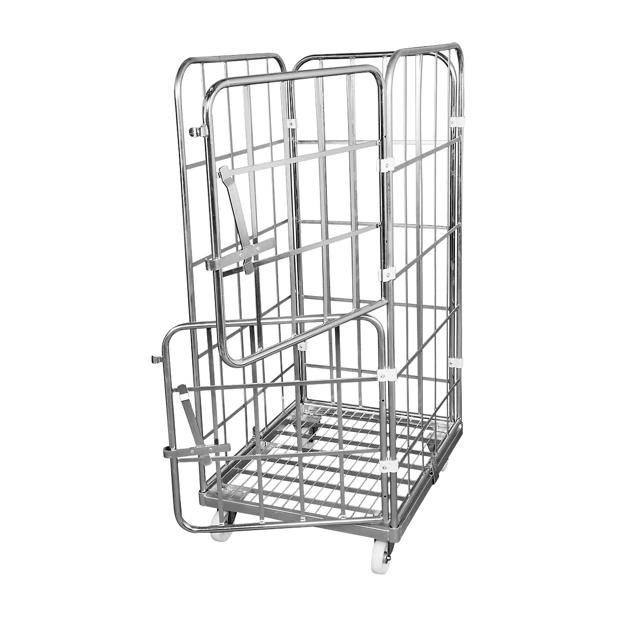 Metal roll container, open door, wheels at the bottom.