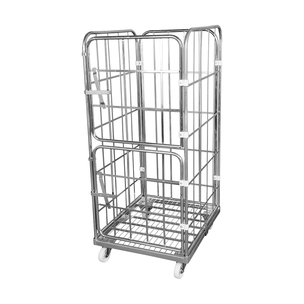 Metal mesh trolley, with wheels. The top sides are open, the bottom has a door with a clasp.