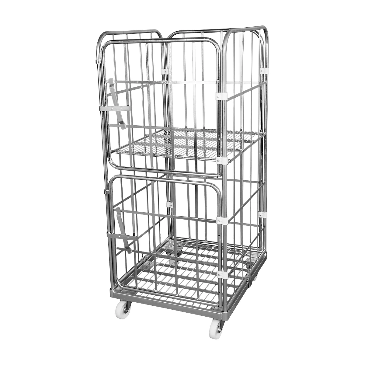 Metal roll container, two-story, with grid walls and wheels.