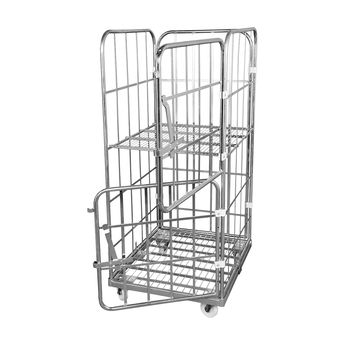 An empty metal roll container with three levels and wheels. Part of the side wall is open.