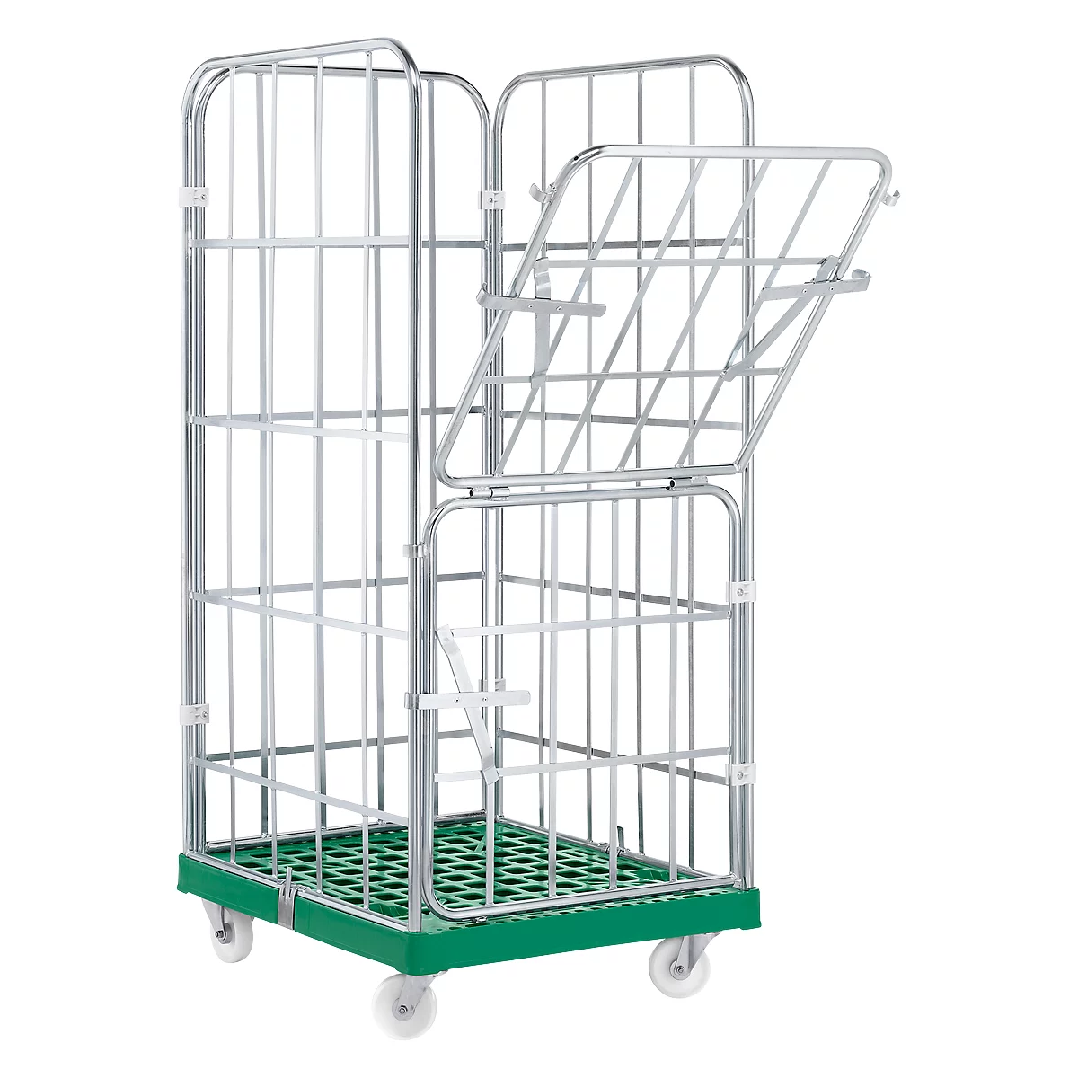 Roll container with open door rolling on white wheels. The floor is green.