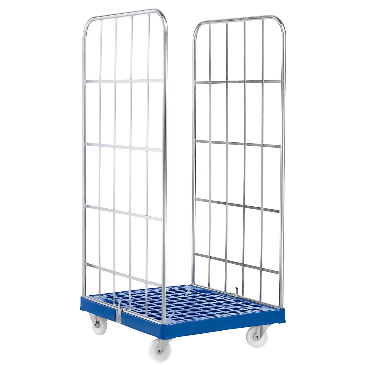 An empty roll container with a metal grid and blue floor, standing on four wheels.