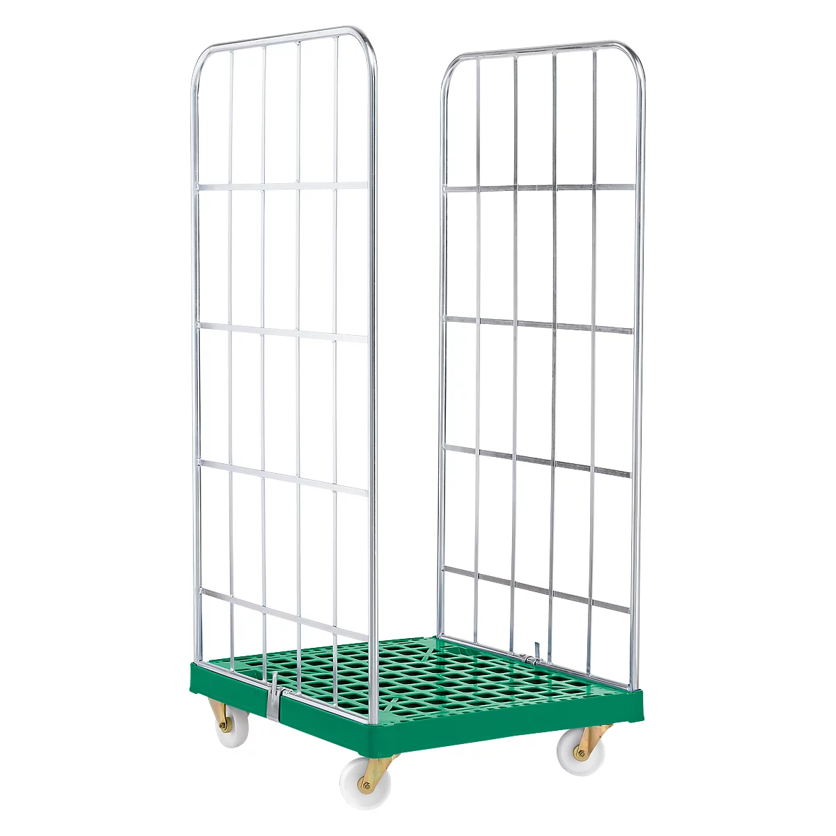 Green roll container with grid walls, on four castors.