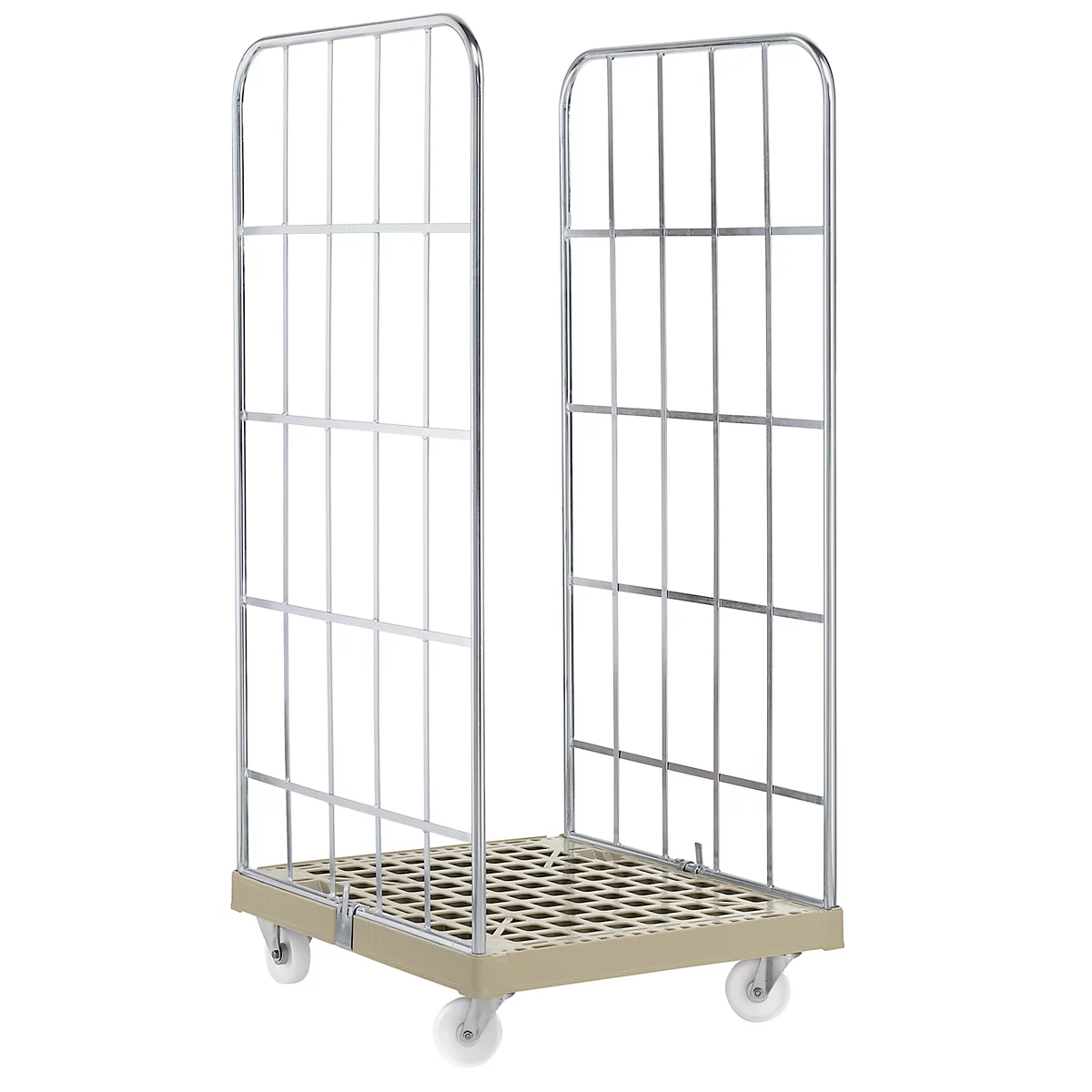 Roll cage with wire mesh sides and rollers, ready for transport.