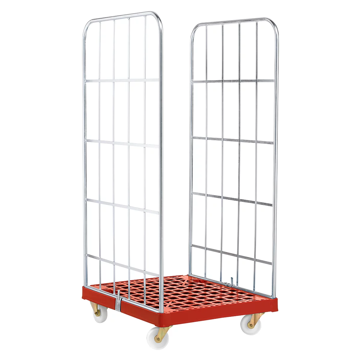 Red roll container with grids, stands on white castors.
