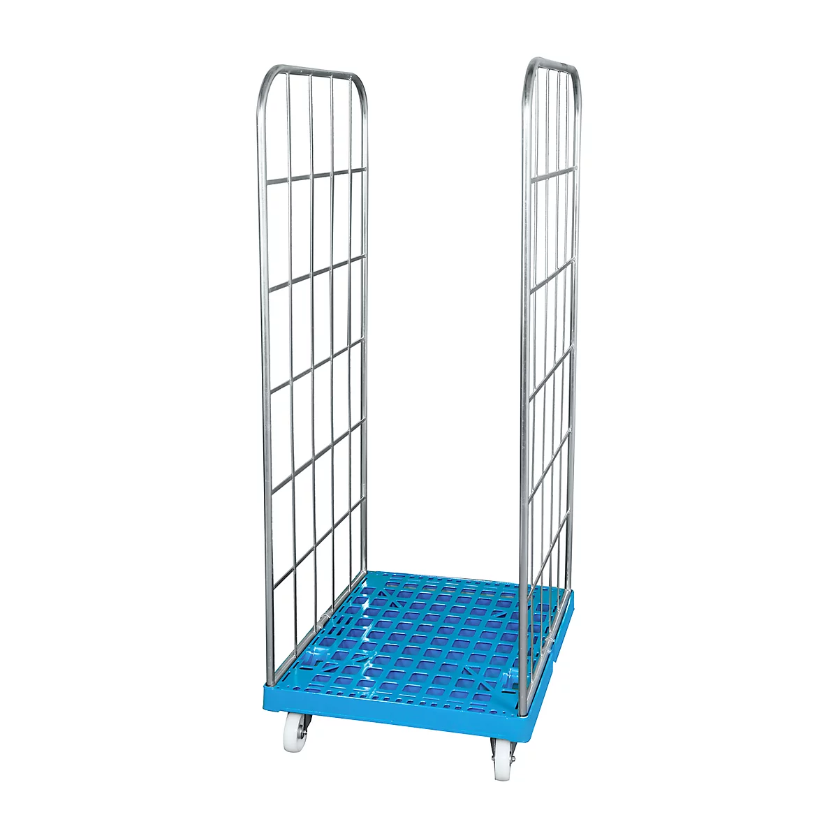 Blue roll container with grid walls and four wheels.