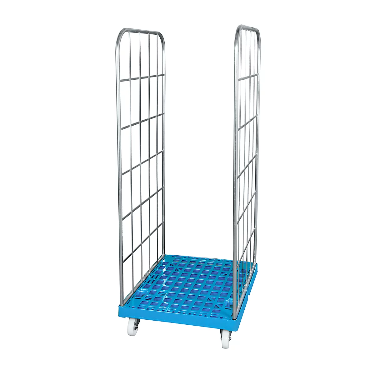 Metal transport trolley with blue base and wheels. Grid sides.