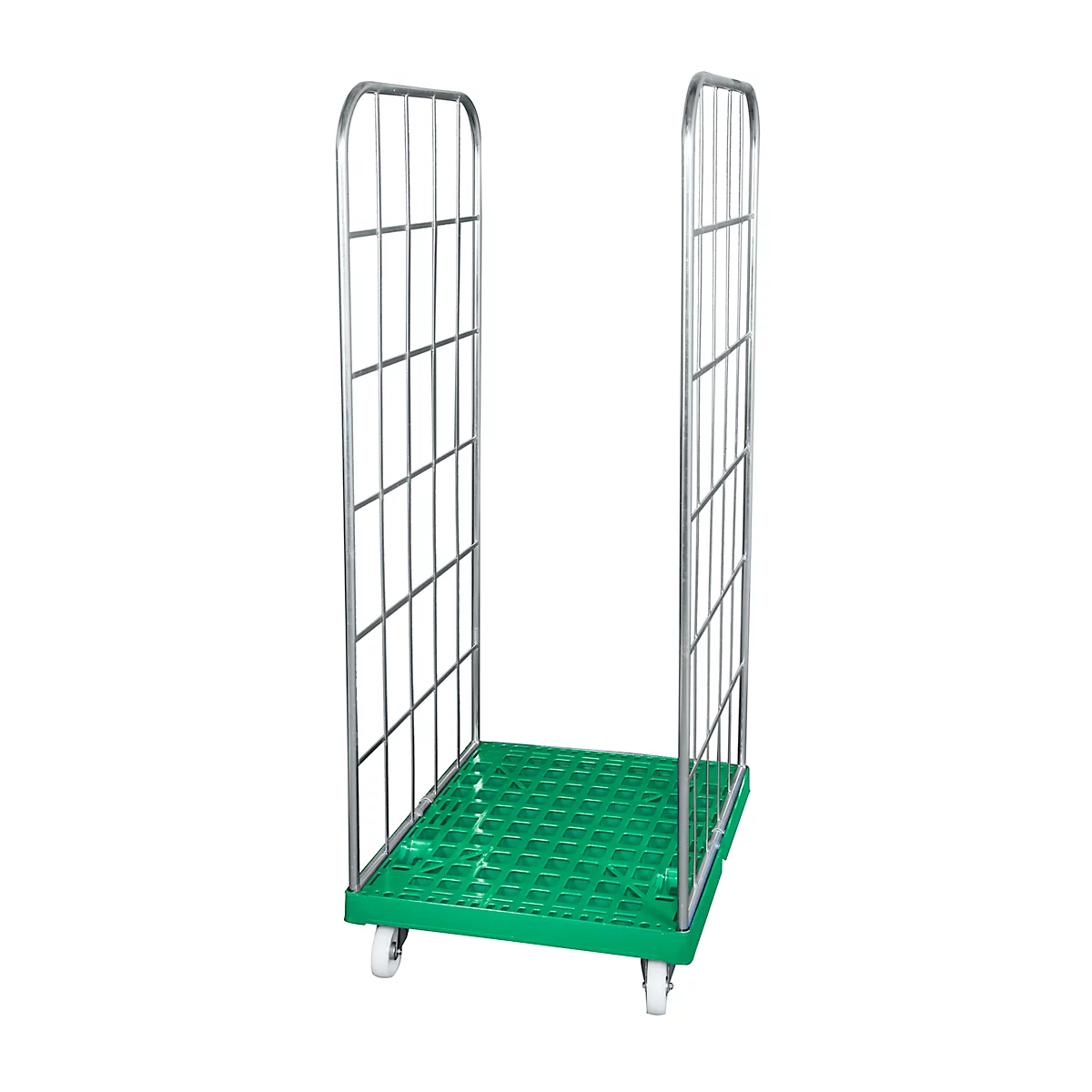 A green rolling cart with wheels and grid walls. The base is green, the grids silver.
