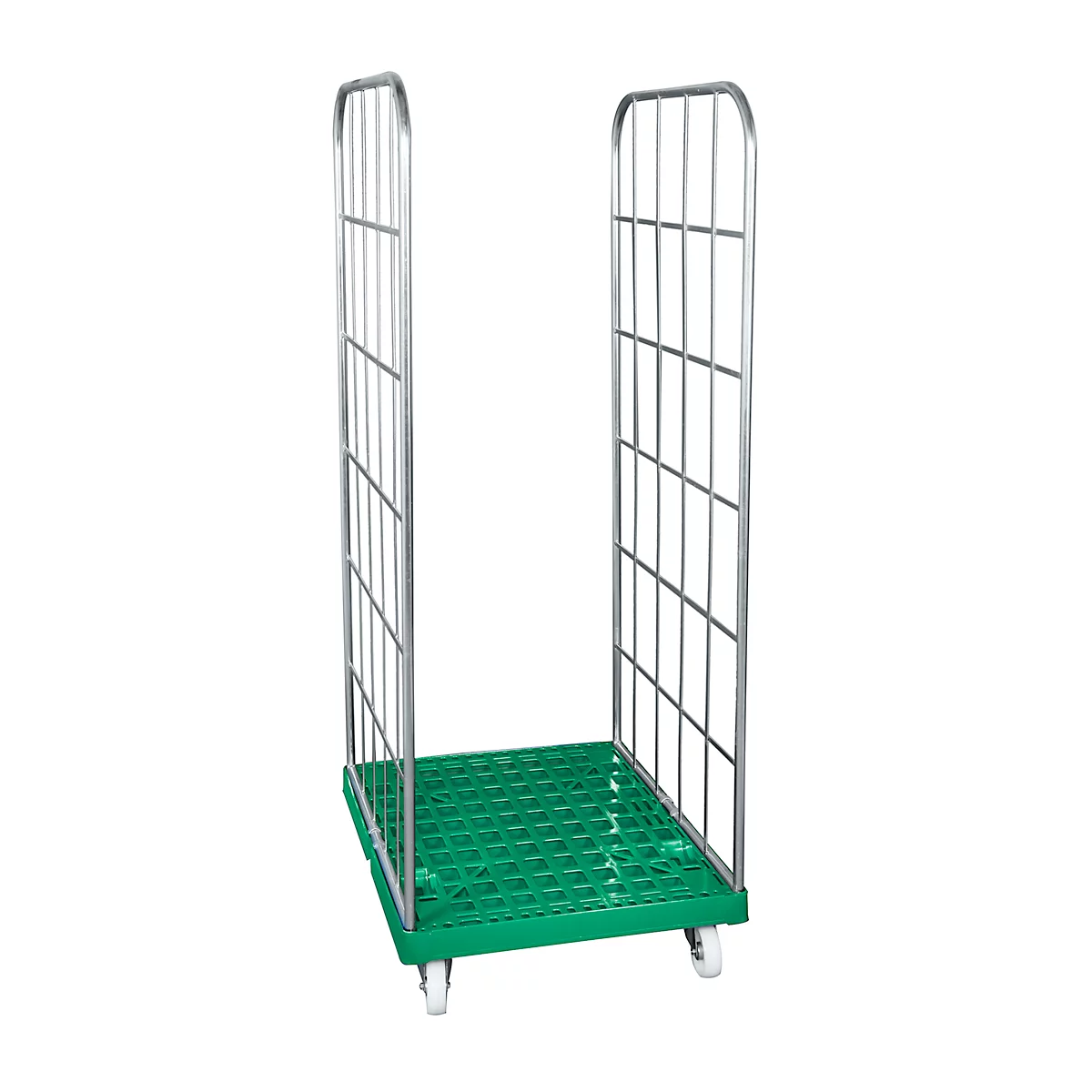 Green roll container with wire mesh sides and wheels, isolated on a white background.