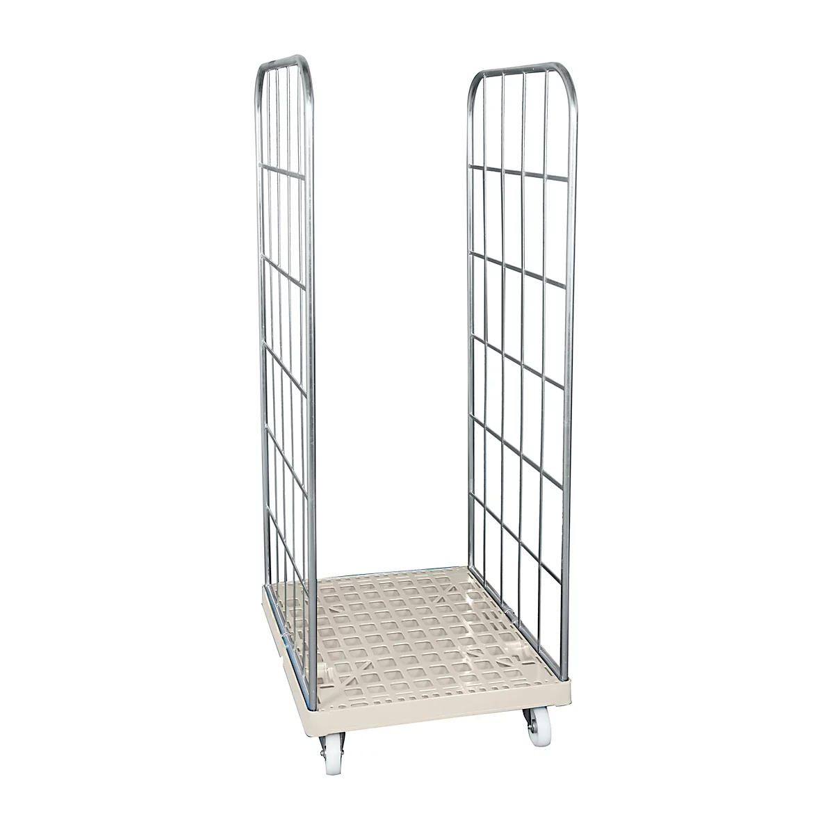 Empty metal transport cart with mesh sides and wheels.