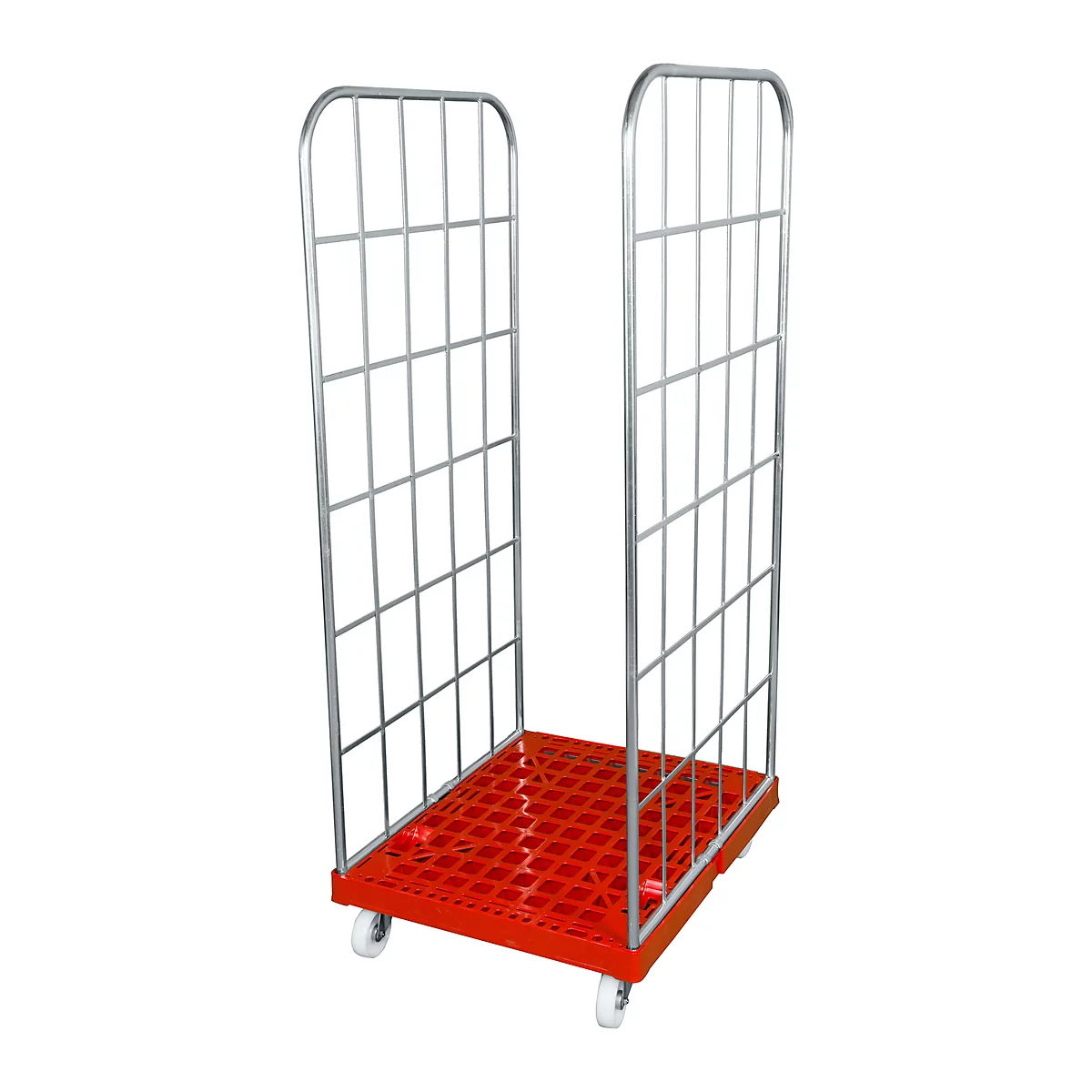 Red roll container with grid walls and white wheels.
