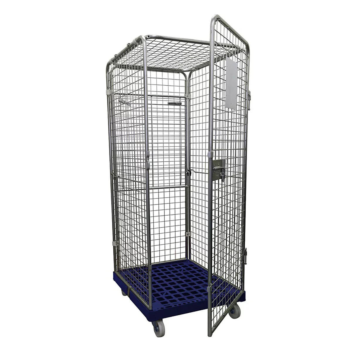 Metal cage on wheels with an open door. Blue bottom, wheels visible.