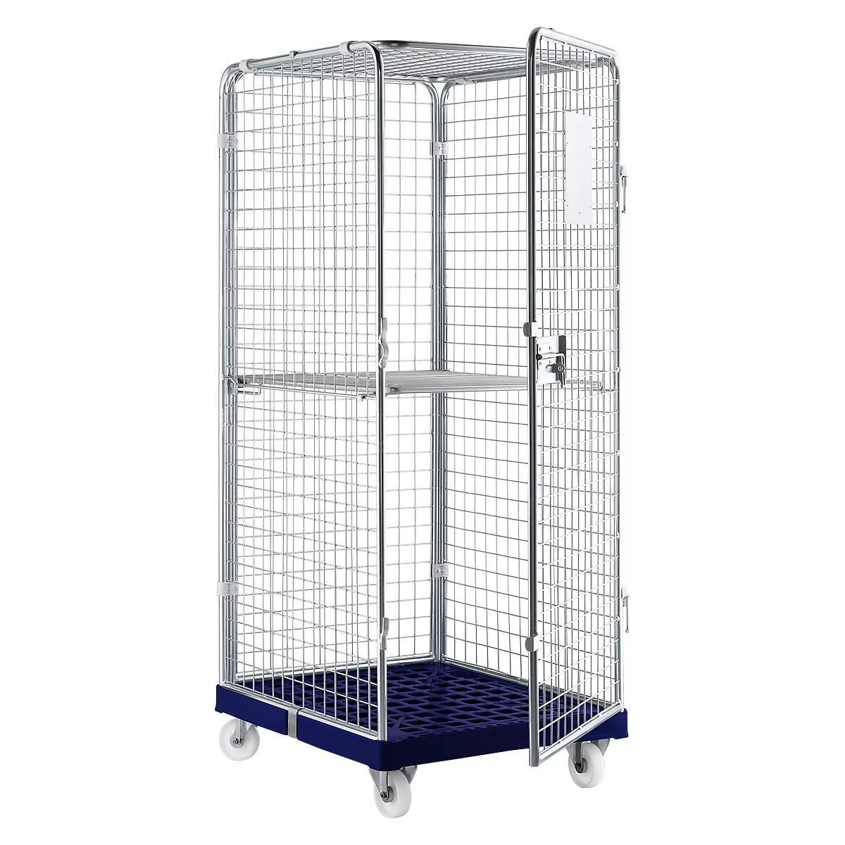 Rolling cage with wheels. Open door. Blue plastic base, silver mesh walls, light grey wheels.