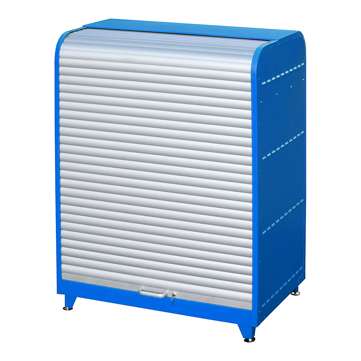Blue and silver cabinet with roller shutter and handle. The housing is blue, the door silver. There are small silver feet on the feet.
