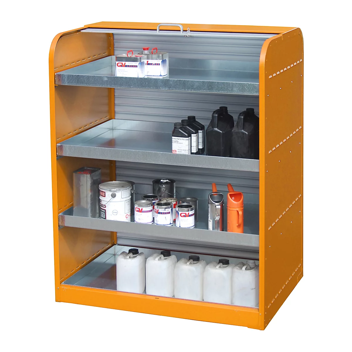 Yellow-orange cabinet with multiple shelves, filled with various containers and bottles. The cabinet has a roller shutter.