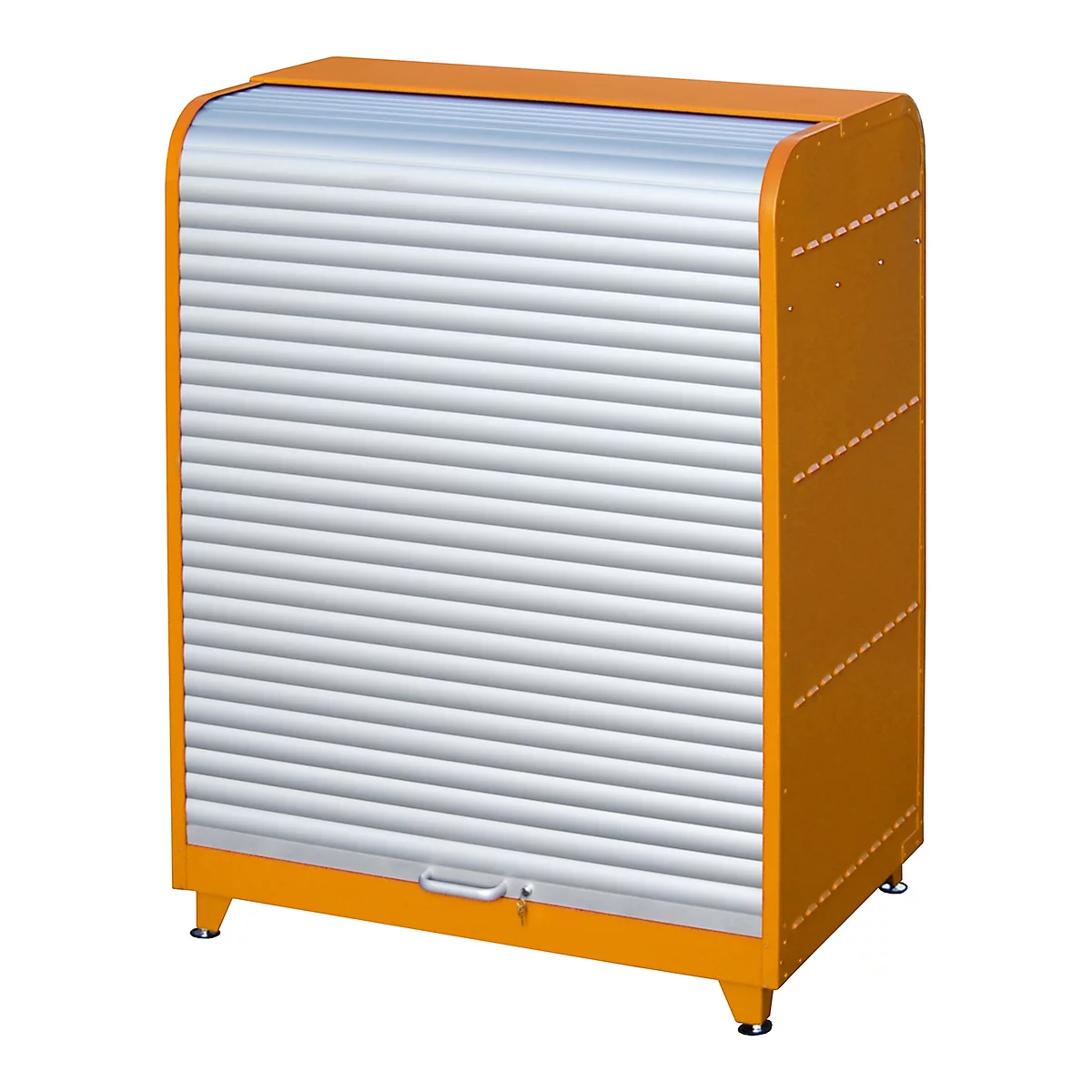An orange cabinet with slatted doors. Standing on feet, with silver doors, handle and key.