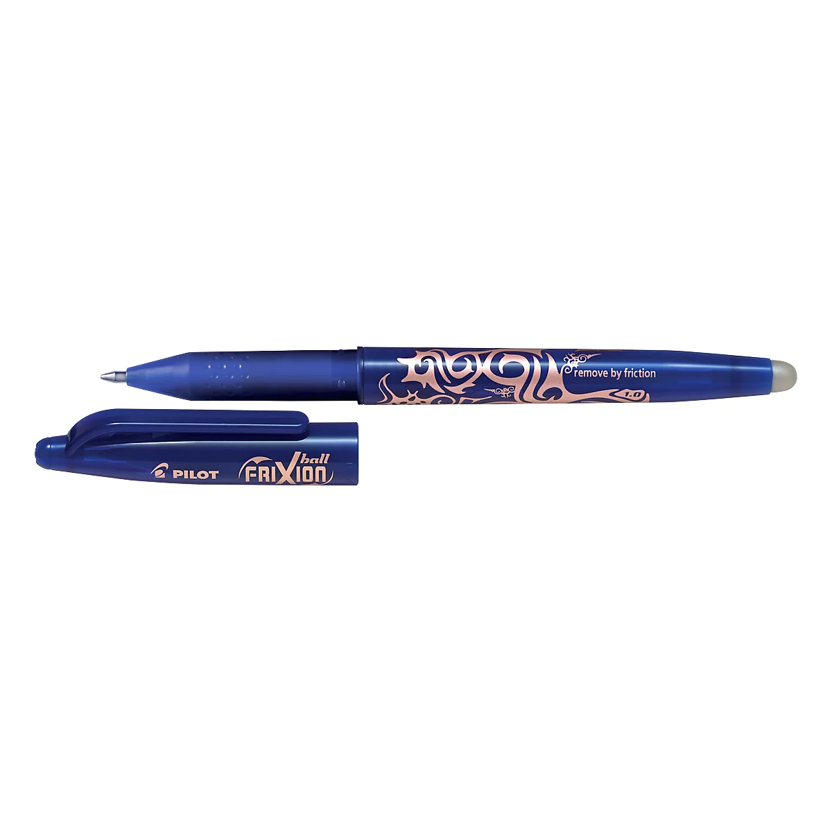Bolígrafo Pilot FriXion azul con punta plateada y borrador. Las palabras 'Pilot' y 'FriXion' son visibles.