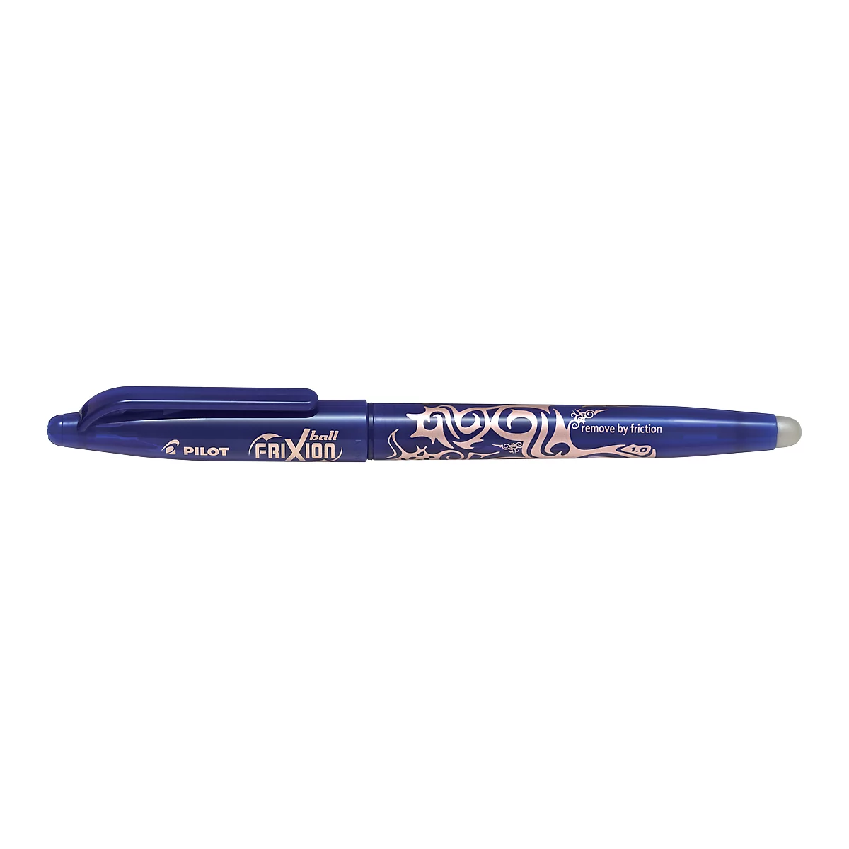 Un bolígrafo borrable Pilot Frixion azul, con letras y una goma de borrar en el extremo.