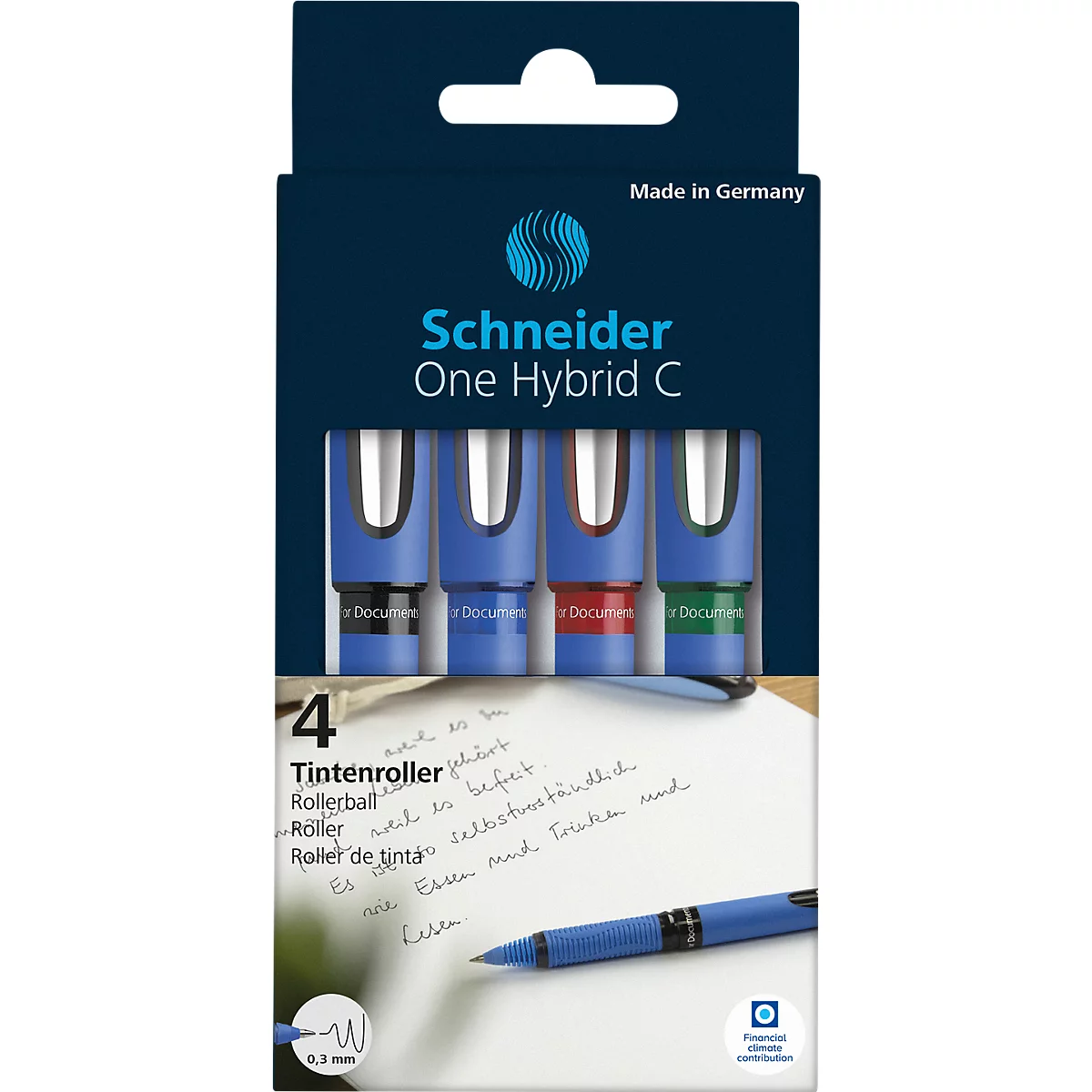Pack de quatre rollers Schneider One Hybrid C dans un emballage bleu et blanc.